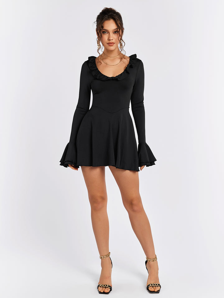 AVEAIN Long Sleeve Ruffle Flared Dress