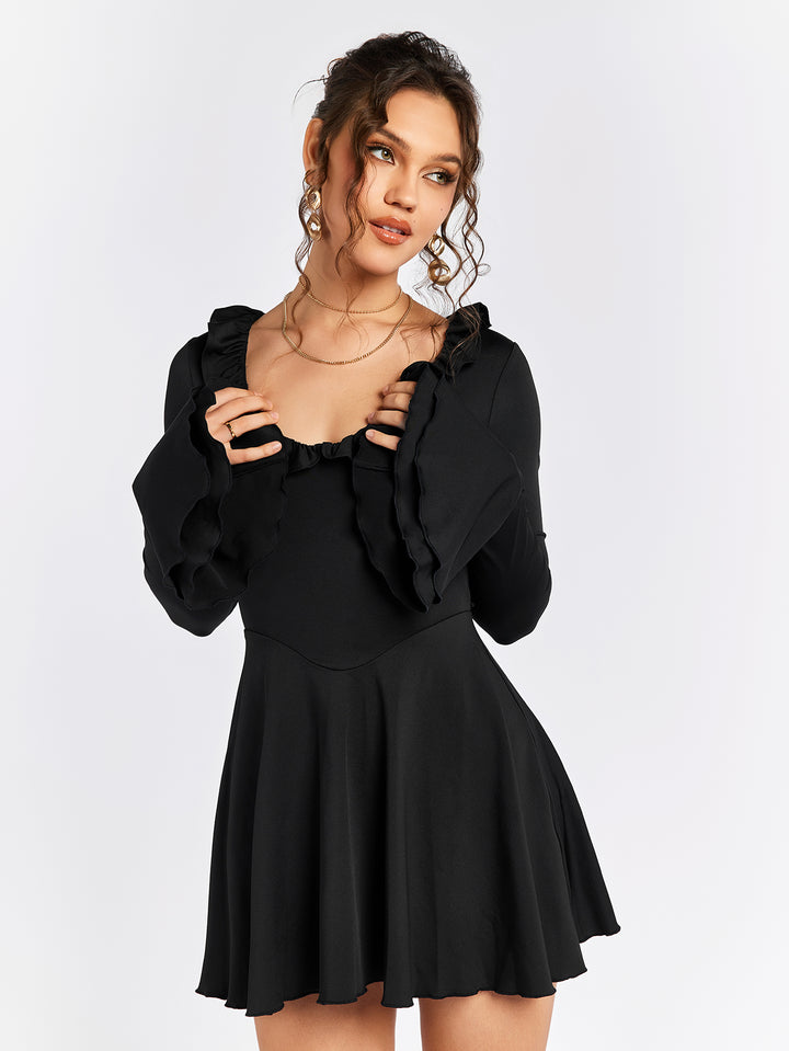 AVEAIN Long Sleeve Ruffle Flared Dress