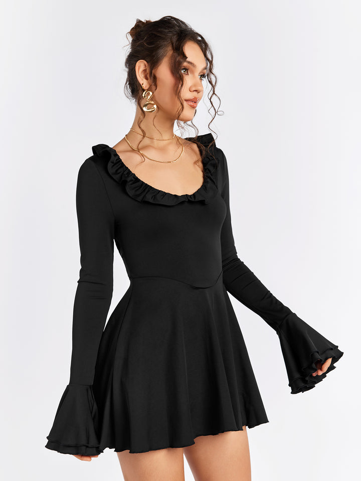 AVEAIN Long Sleeve Ruffle Flared Dress