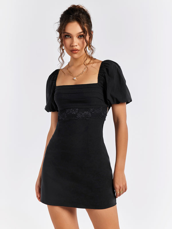 JANVE Puff Sleeves Lace Waistband Mini Dress