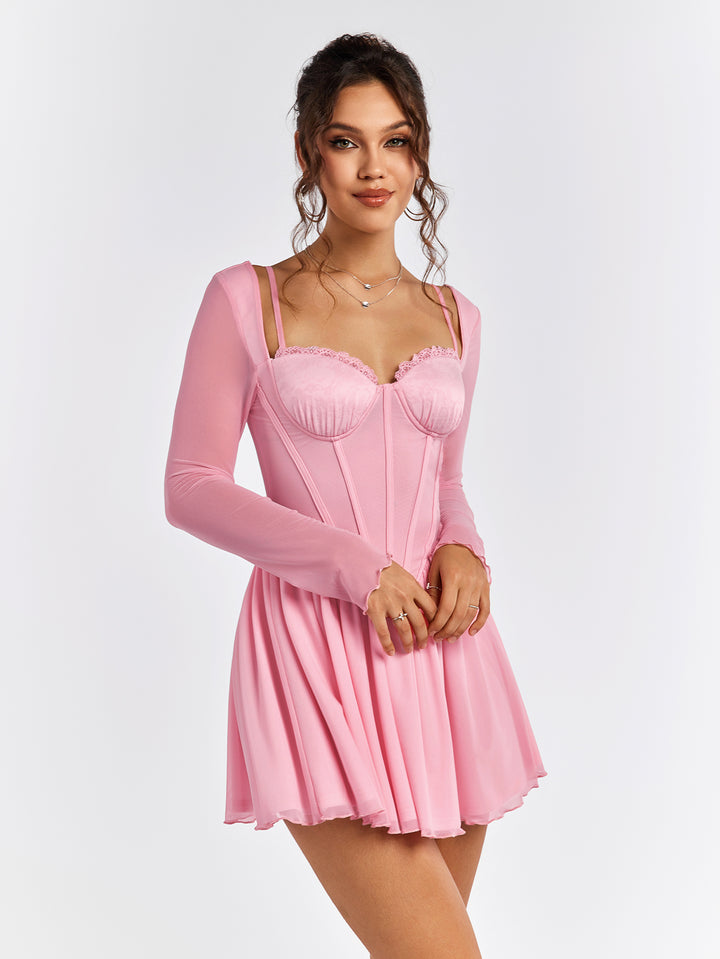 ELIAAVE Sheer Sleeve Pink Skater Dress