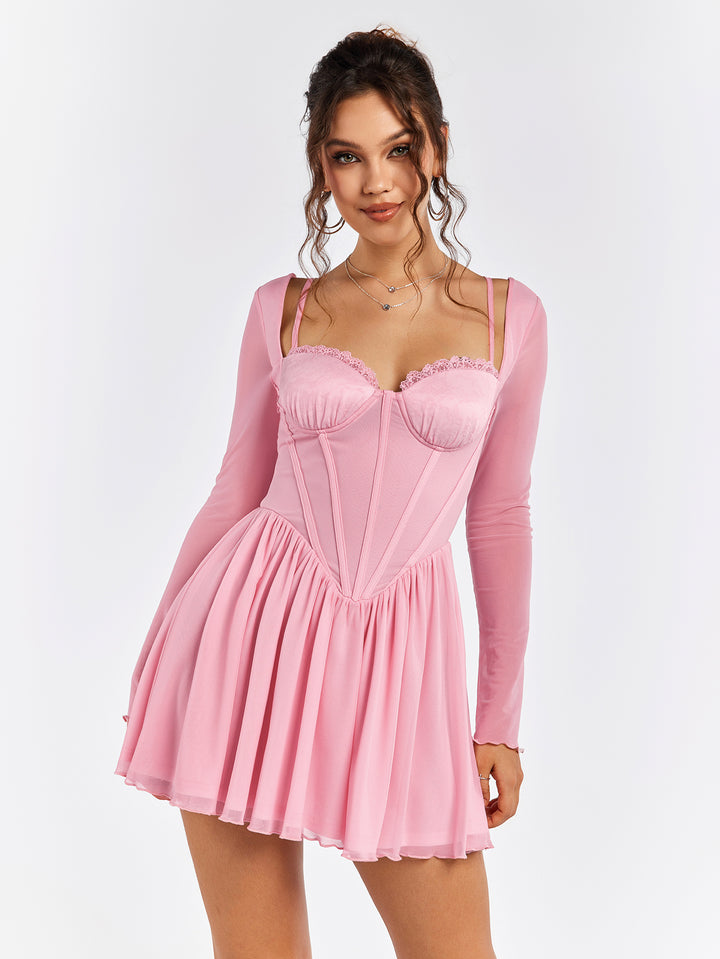 ELIAAVE Sheer Sleeve Pink Skater Dress