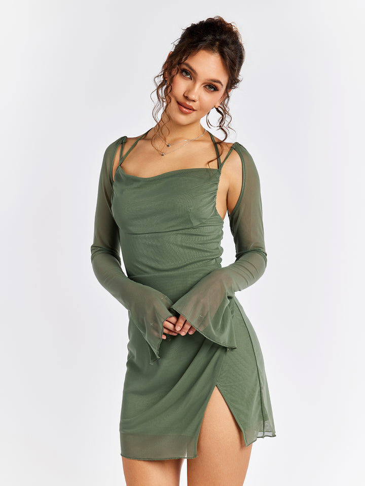 OLIVIA Flounce Sleeve Ruched Mesh Dress