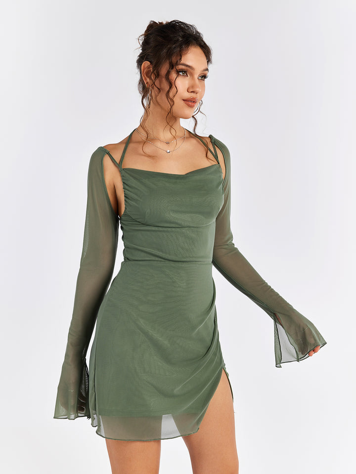 OLIVIA Flounce Sleeve Ruched Mesh Dress