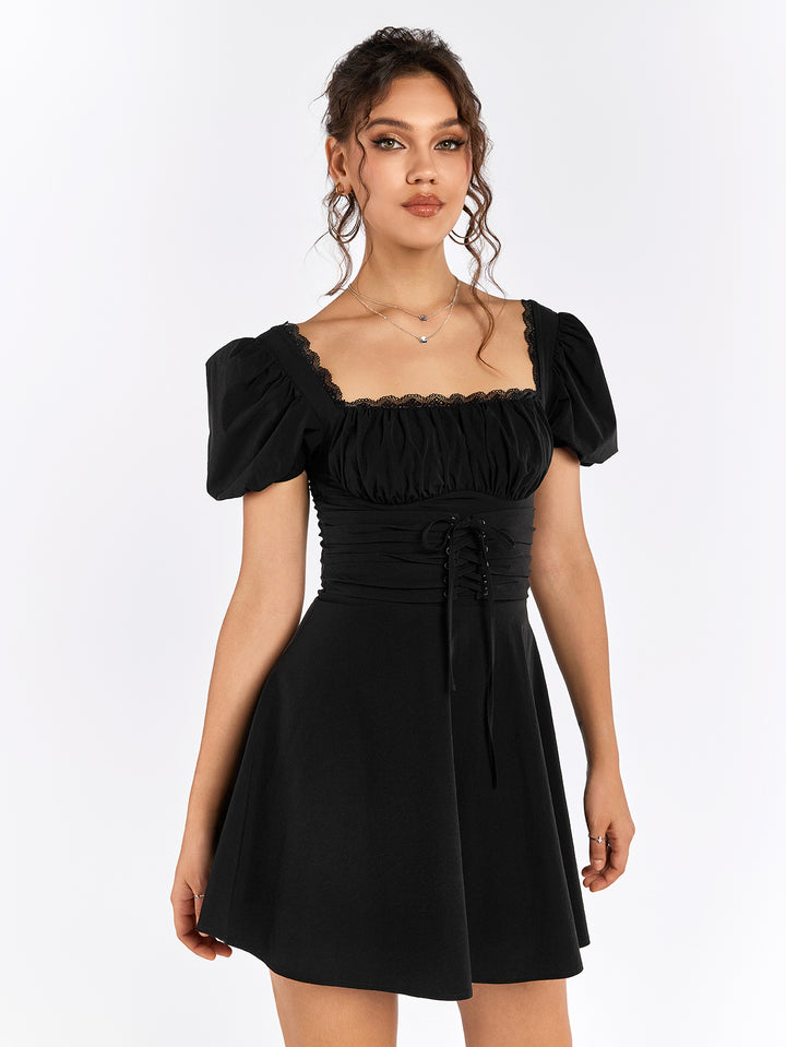 LIACIA Puff Sleeves Lace-Up Dress