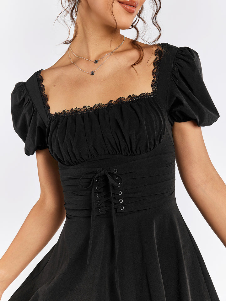 LIACIA Puff Sleeves Lace-Up Dress