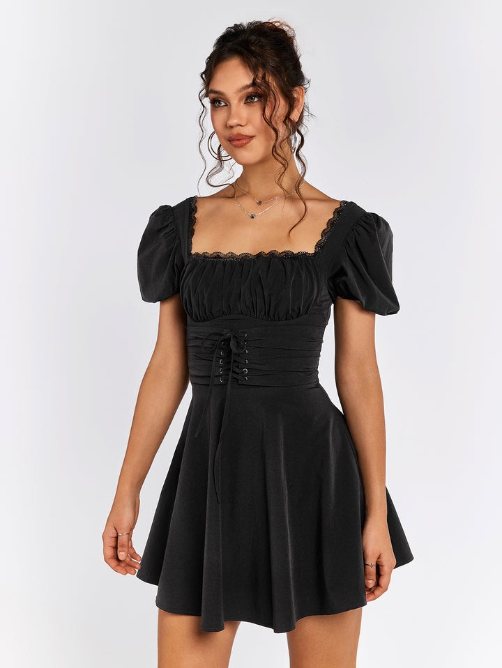 LIACIA Puff Sleeves Lace-Up Dress