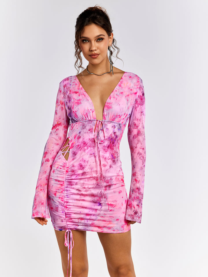tie dye ruched bodycon dress Tie Dye Lace Trim Ruched Bodycon Dress, Pink / XS