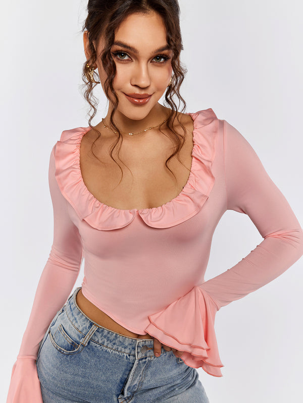 VALJAN Long Sleeve Ruffle-Trim Top