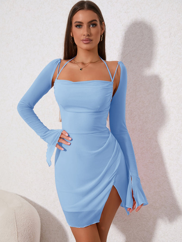 OLIVIA Flounce Sleeve Ruched Mesh Dress