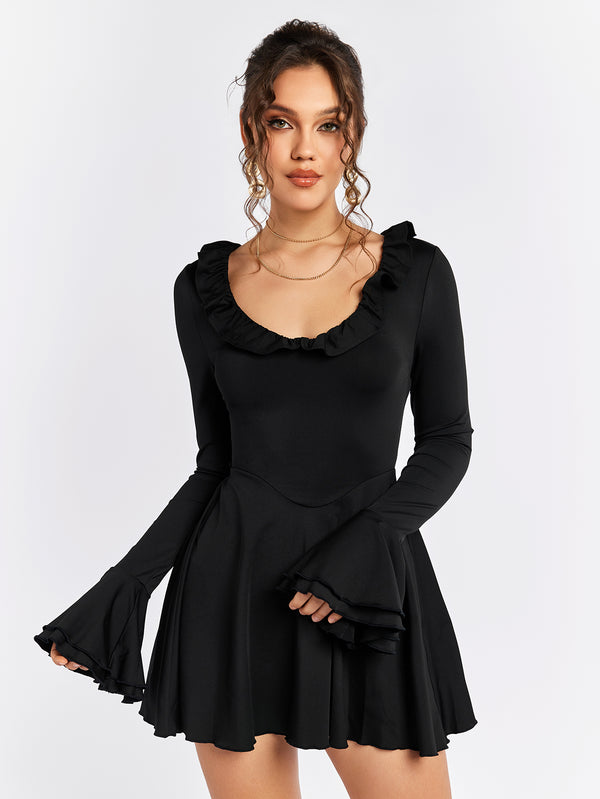 AVEAIN Long Sleeve Ruffle Flared Dress