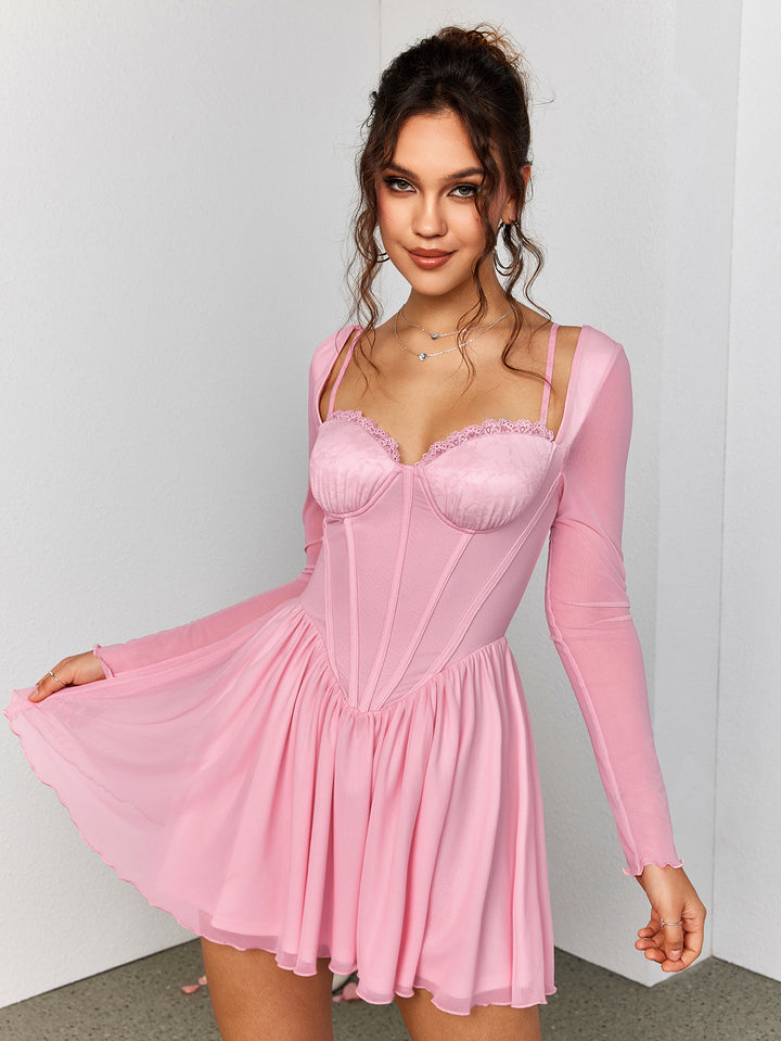 ELIAAVE Sheer Sleeve Pink Skater Dress