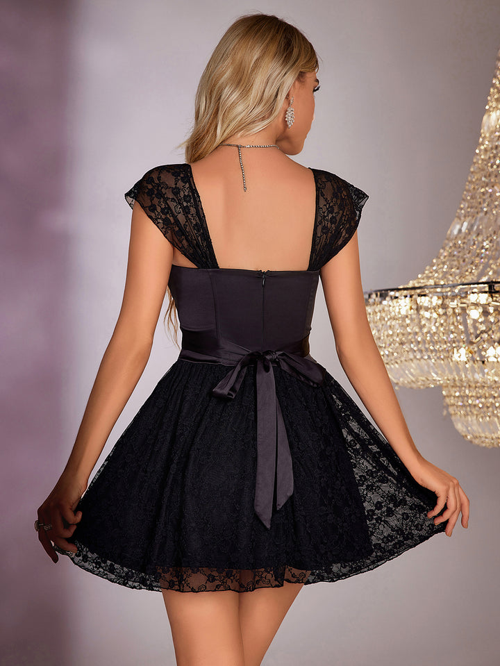 RCYDARA Midnight Lace Flair Cap Sleeve Dress