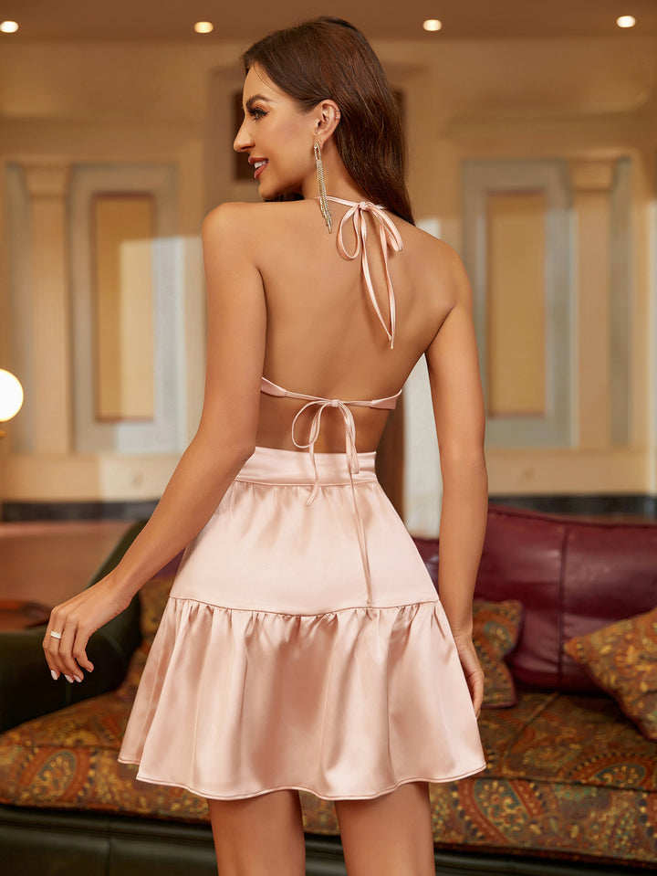 PETRA Satin Backless Halter Dress, Pink / XS PETRA Satin Backless Halter Dress, Pink / XS
