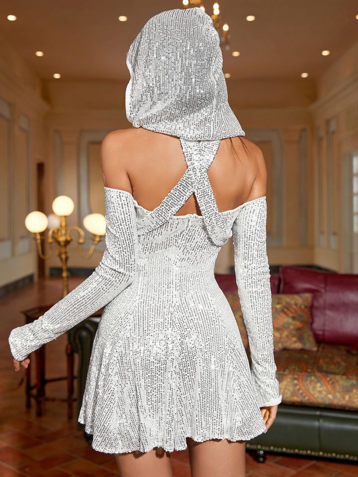 WHITNEY Off-Shoulder Sequined Mini Dress with Hooded Detail