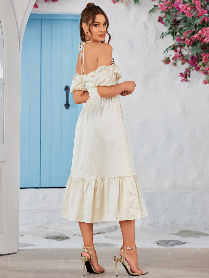 AVELEA Puff Sleeves Satin Midi Dress