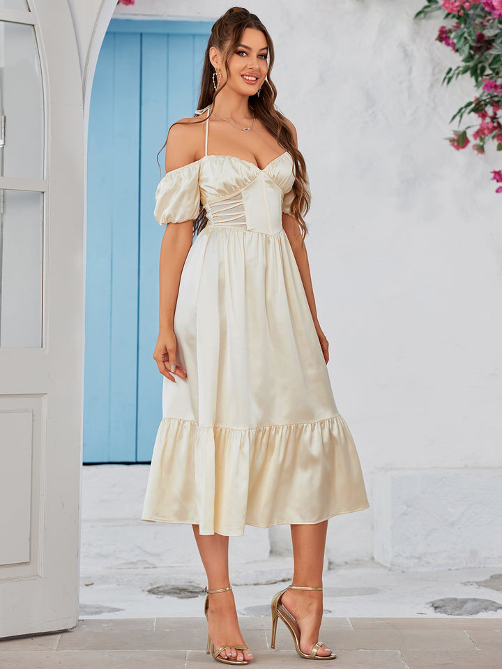 AVELEA Puff Sleeves Satin Midi Dress