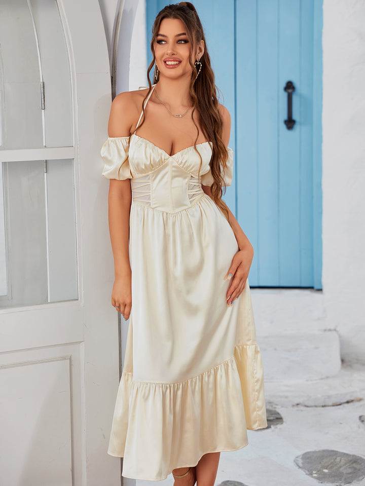 AVELEA Puff Sleeves Satin Midi Dress