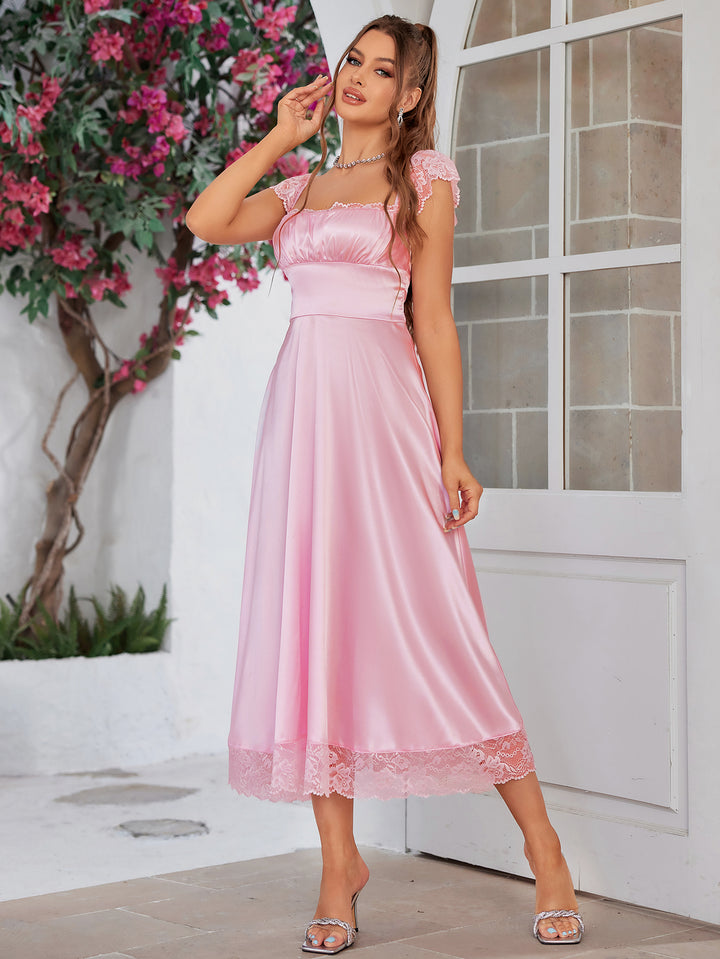 SIAJAI Square Neckline Lace Hem Satin Dress