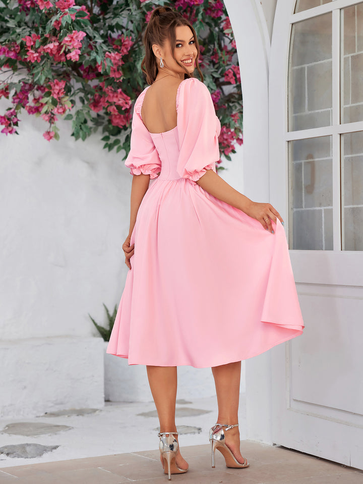 INASIA Blushing Charm Puff-Sleeve Midi Dress 