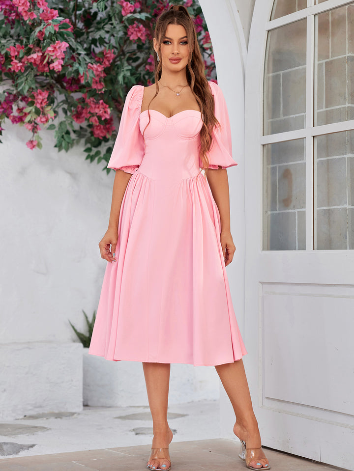 INASIA Blushing Charm Puff-Sleeve Midi Dress 