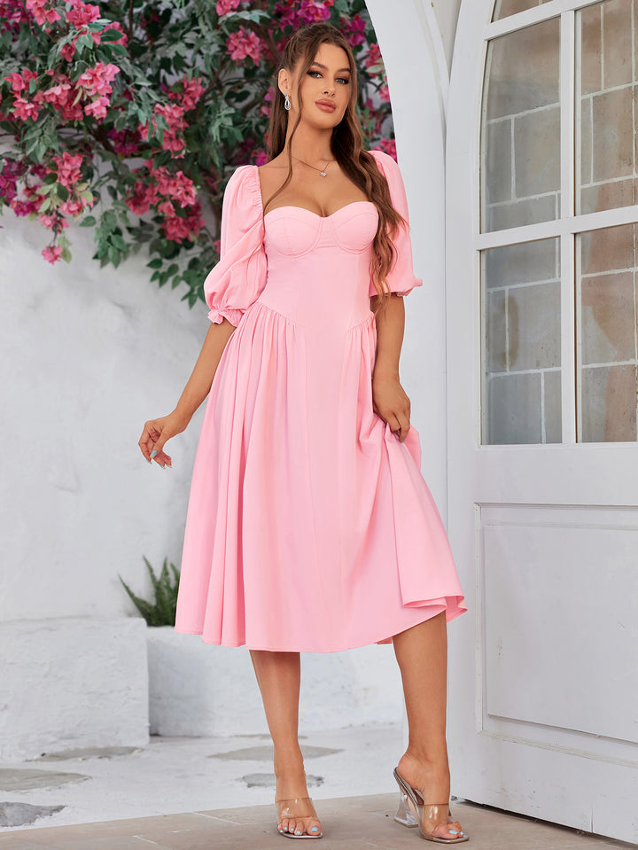 INASIA Blushing Charm Puff-Sleeve Midi Dress 