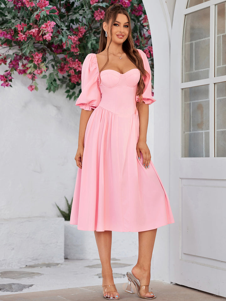 INASIA Blushing Charm Puff-Sleeve Midi Dress 