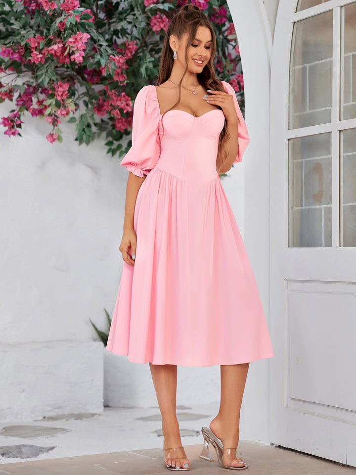 INASIA Blushing Charm Puff-Sleeve Midi Dress 