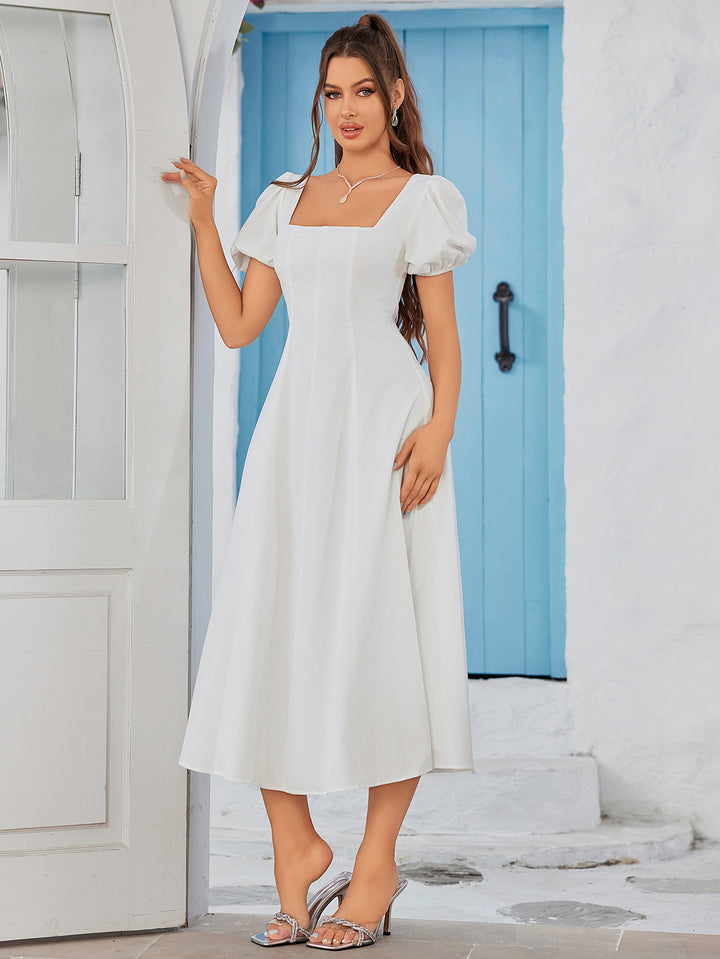 LEAVAL Classic White Square Neck Midi Dress