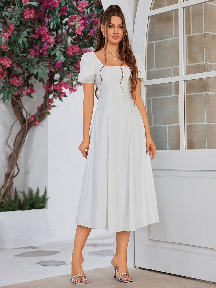 LEAVAL Classic White Square Neck Midi Dress