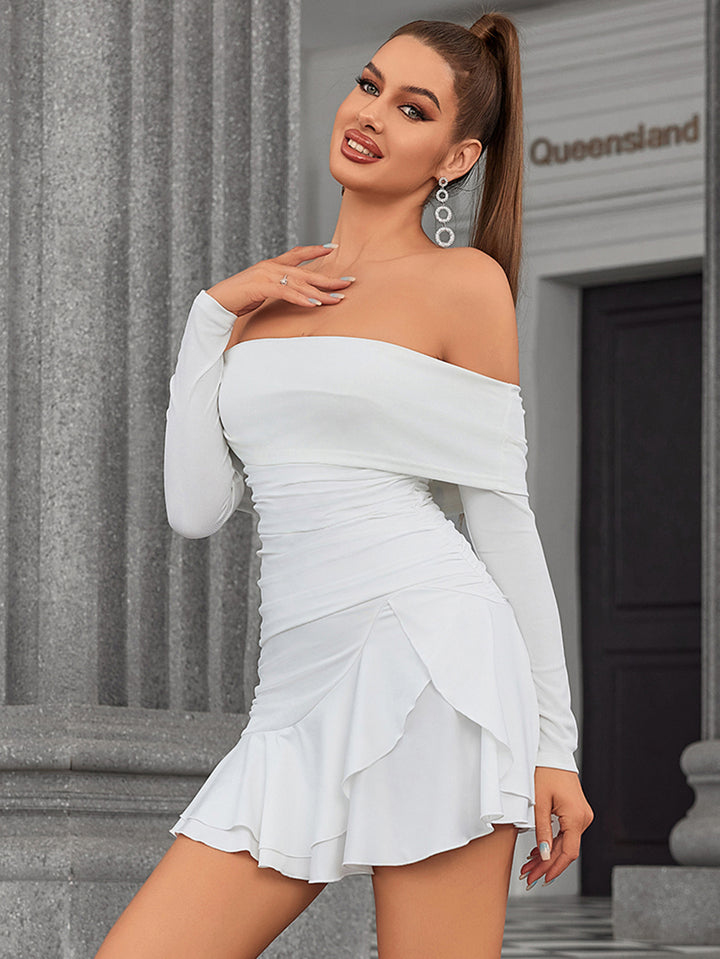 VALNA Off-Shoulder Ruched Ruffle Mini Dress