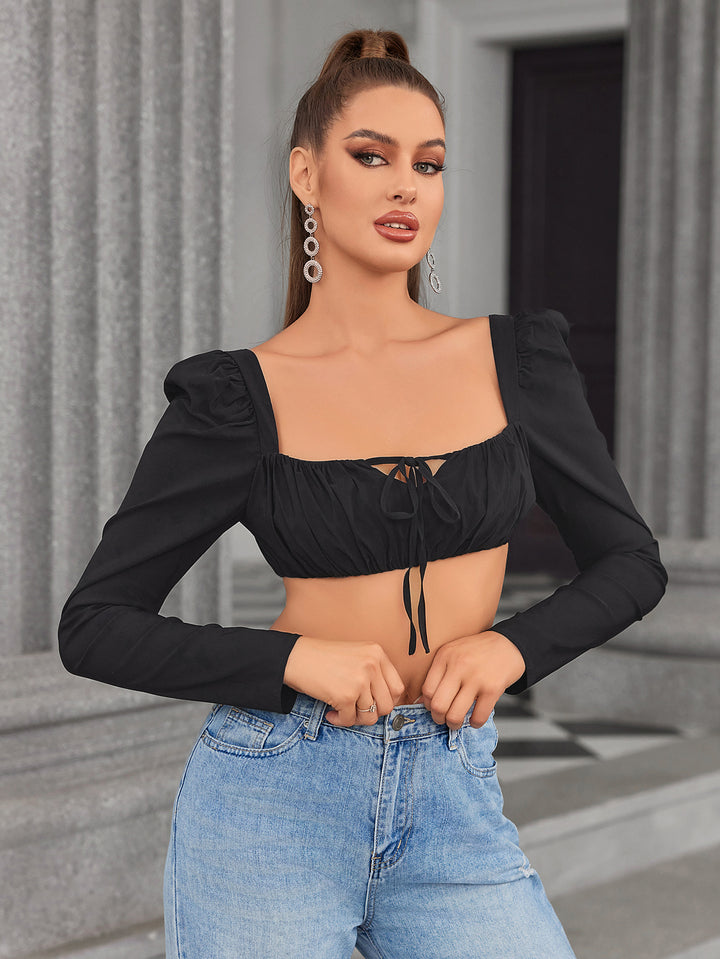 LAVAL Long Sleeve Tie Front Crop Top 