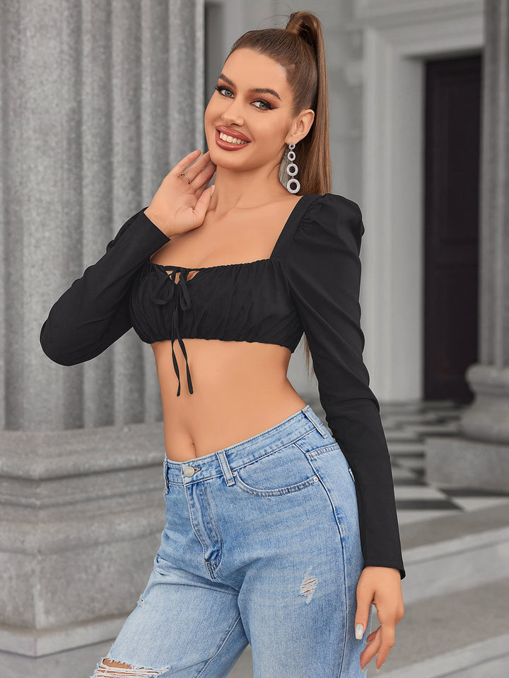 LAVAL Long Sleeve Tie Front Crop Top 