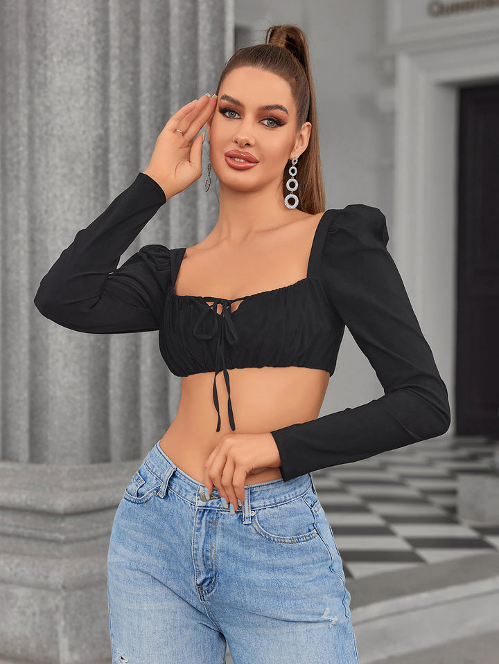 LAVAL Long Sleeve Tie Front Crop Top 