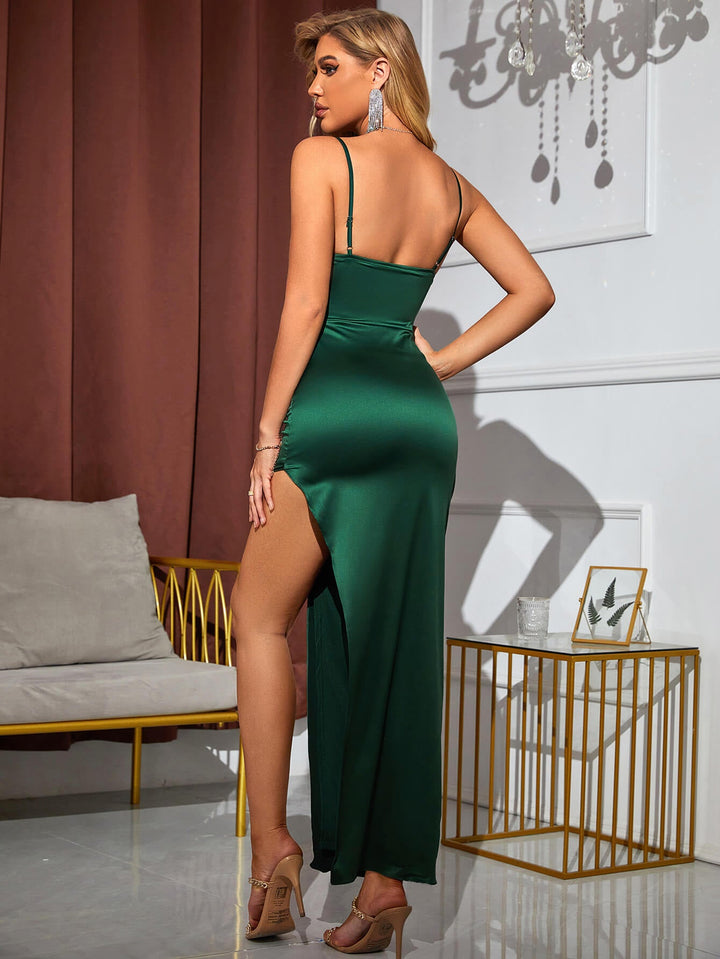 VALERIE Backless Slit Thigh Satin Dress