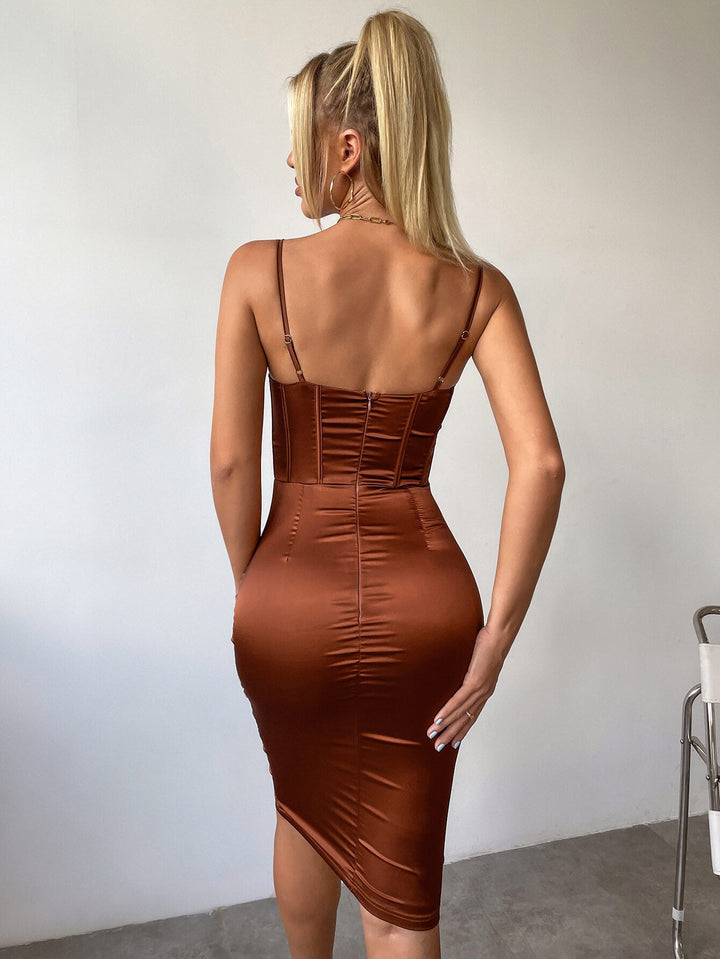 BELLA Draped Cowl Neckline Corset Satin Dress