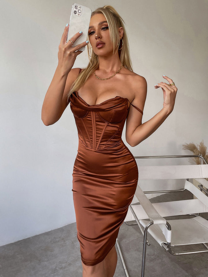 BELLA Draped Cowl Neckline Corset Satin Dress