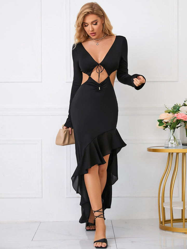 MICHELLE Cut Out Ruffle Asymmetrical Hem Dress