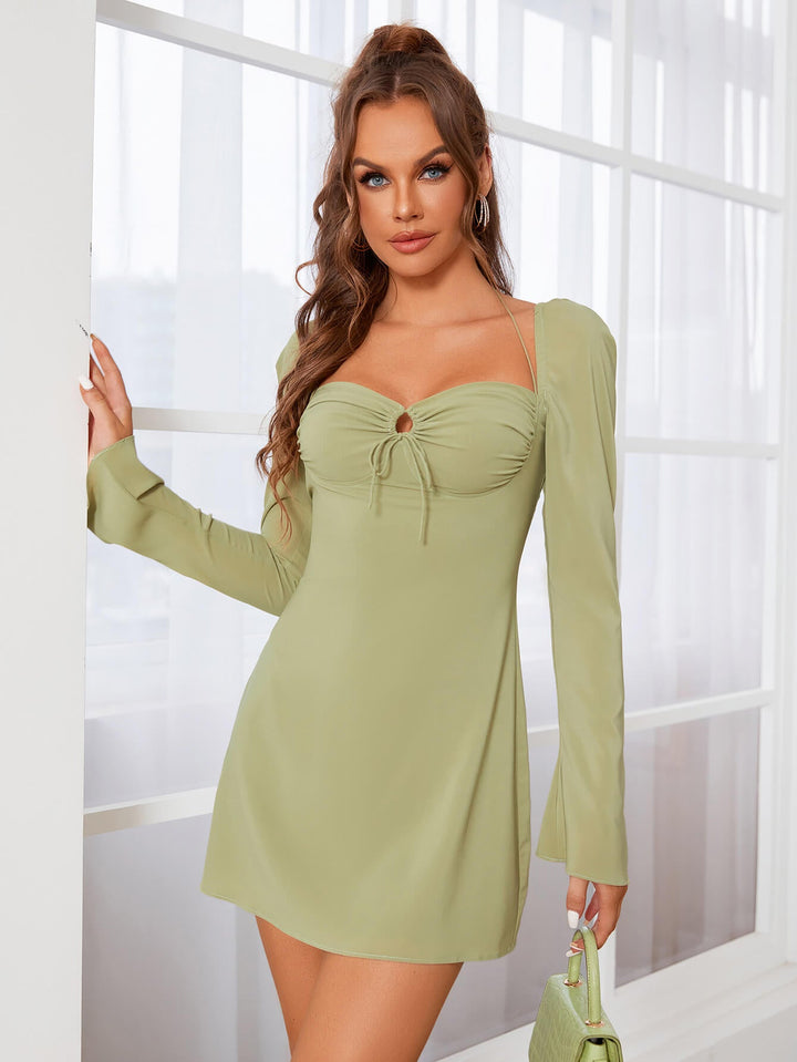 LILA Halter Tie Ruched Bell Sleeve Dress