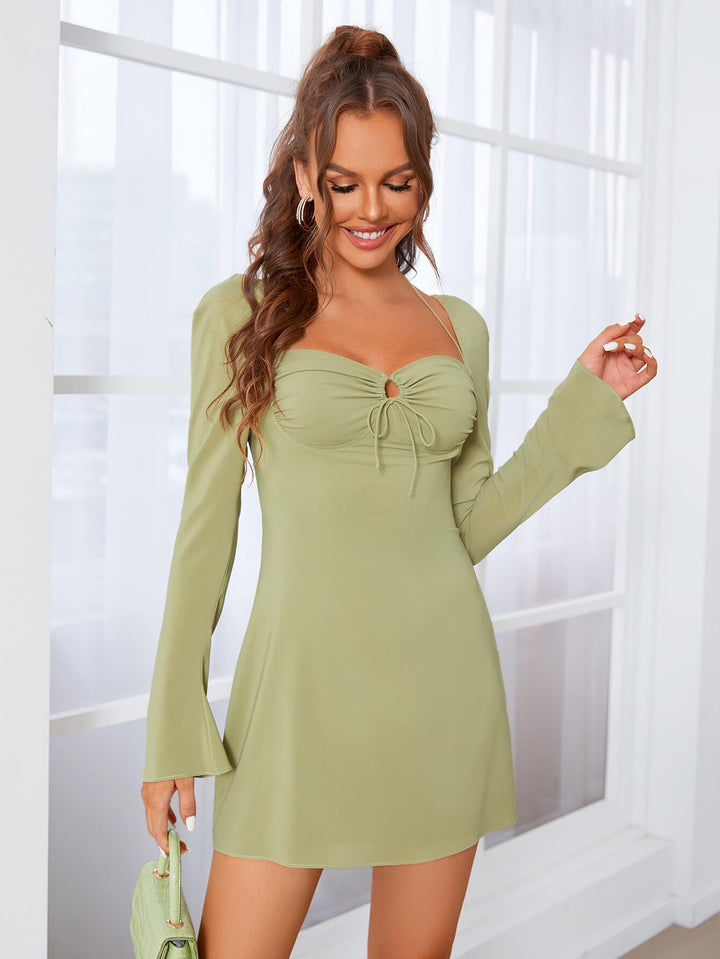 LILA Halter Tie Ruched Bell Sleeve Dress