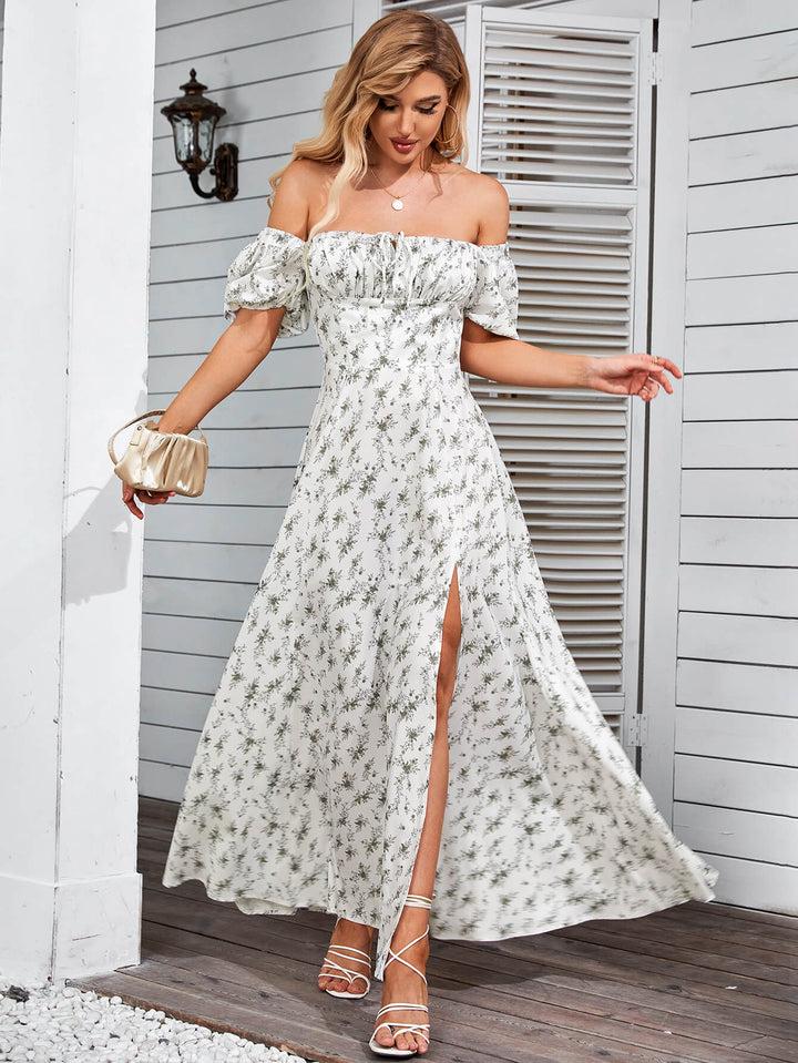 MAYA Floral Puff Sleeve Off Shoulder Flowy Slit Midi Dress