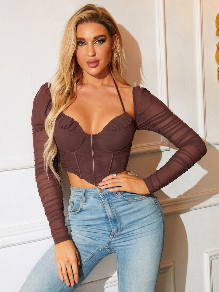 Tie Backless Ruched Hanky Hem Mesh Crop Top