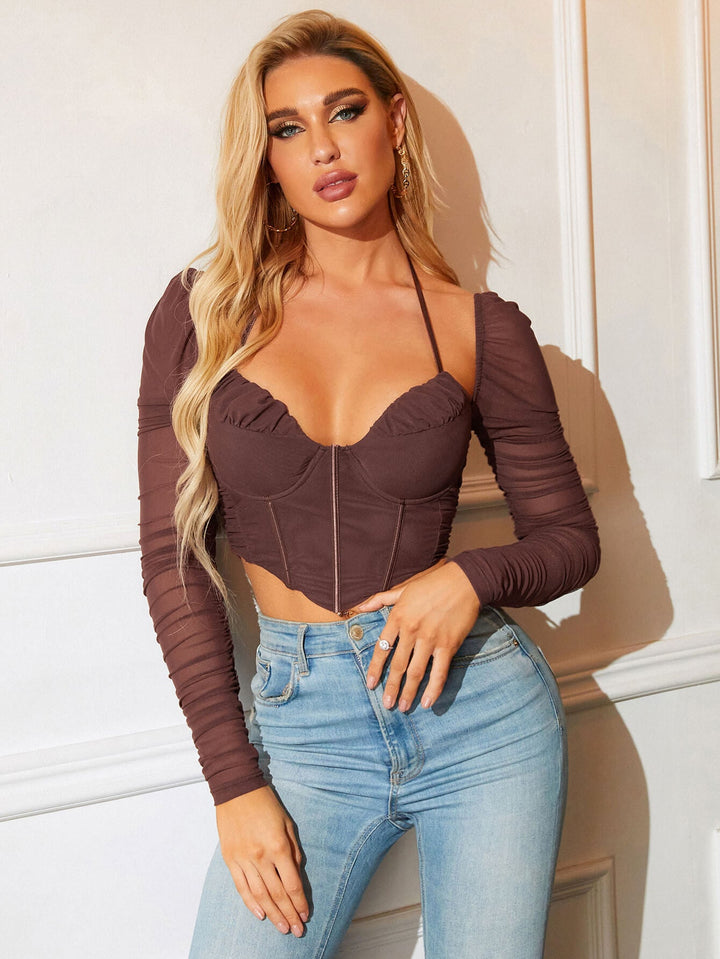 Tie Backless Ruched Hanky Hem Mesh Crop Top