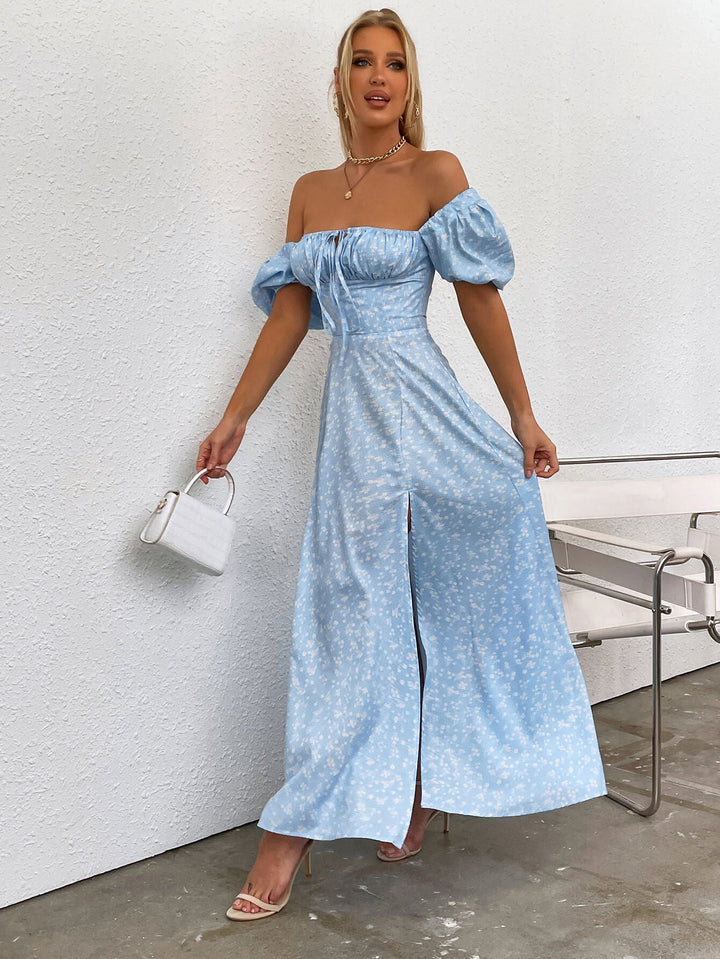 MAYA Floral Puff Sleeve Off Shoulder Flowy Slit Midi Dress