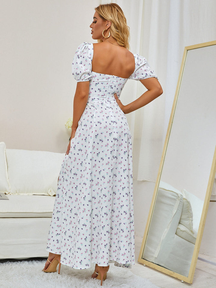 MAYA Floral Puff Sleeve Off Shoulder Flowy Slit Midi Dress