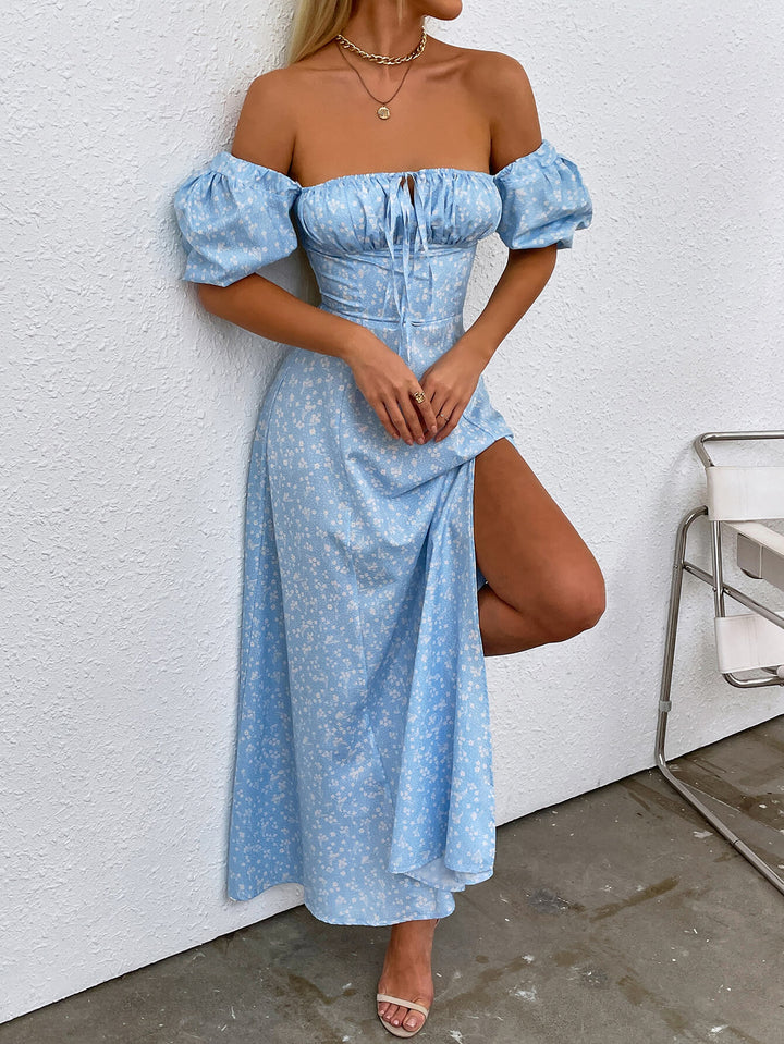 MAYA Floral Puff Sleeve Off Shoulder Flowy Slit Midi Dress