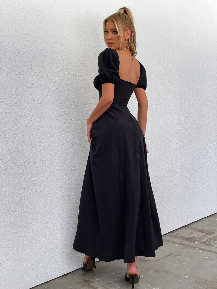 CLAIRE Puff Sleeve Off Shoulder Flowy Slit Midi Dress