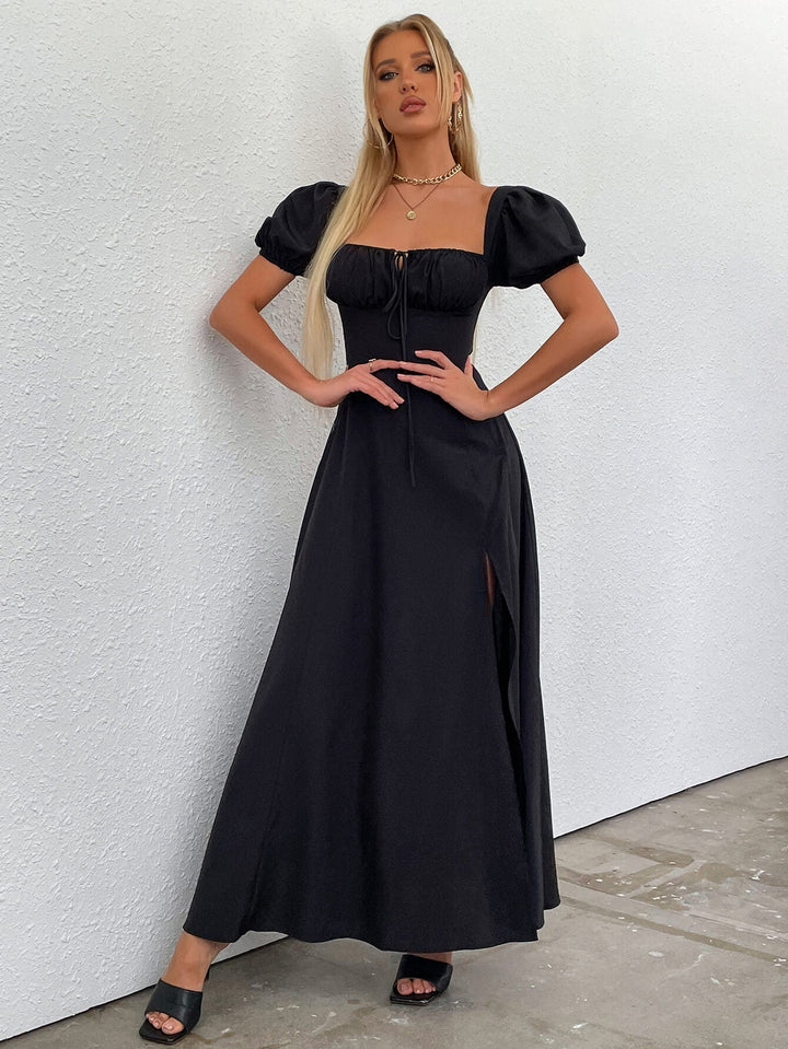 CLAIRE Puff Sleeve Off Shoulder Flowy Slit Midi Dress