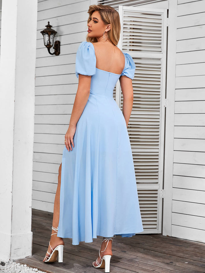 CLAIRE Puff Sleeve Off Shoulder Flowy Slit Midi Dress