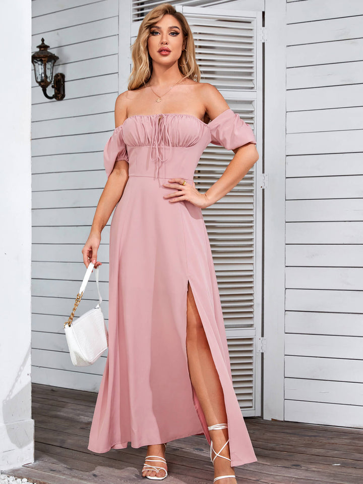 CLAIRE Puff Sleeve Off Shoulder Flowy Slit Midi Dress